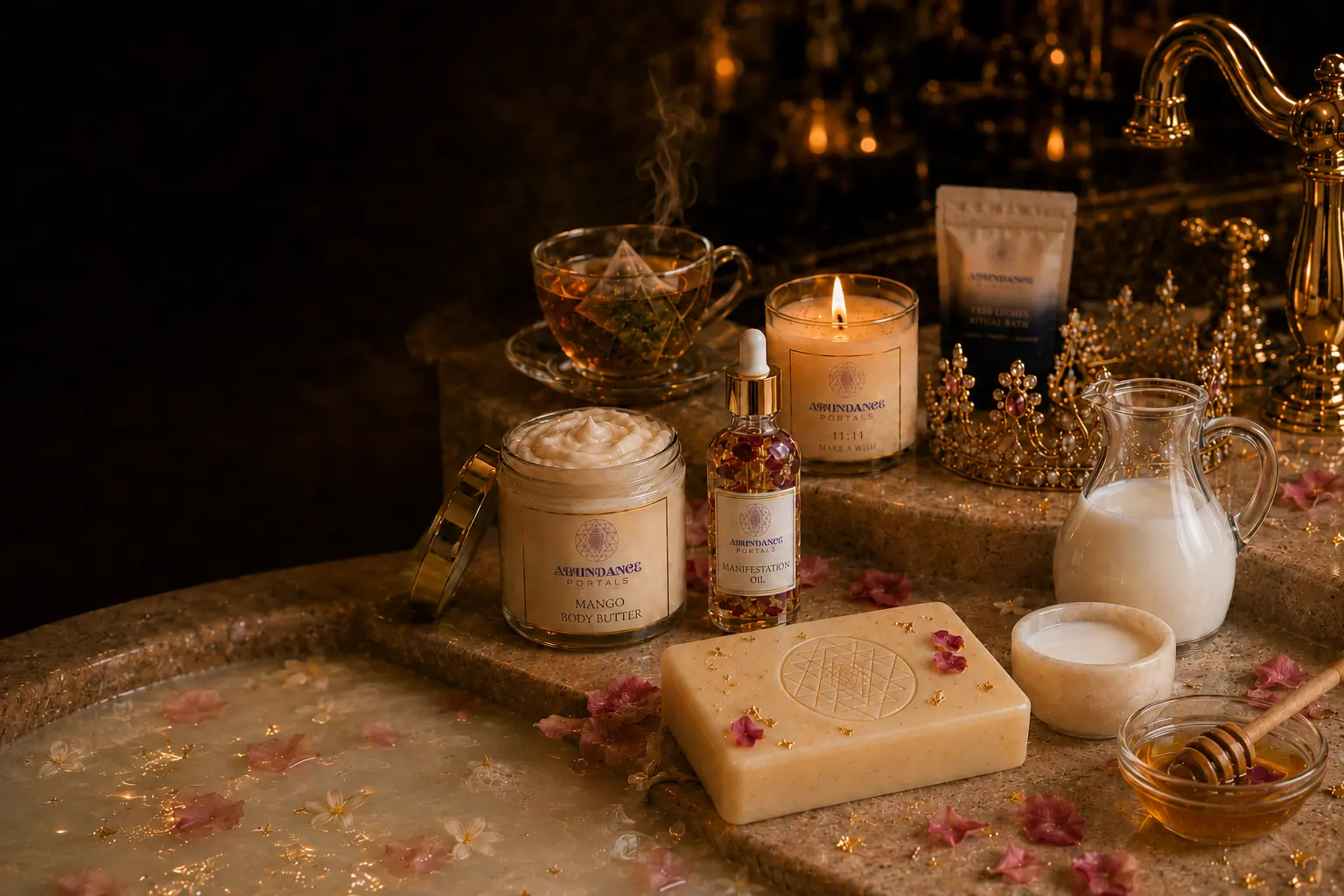 The Abundance Portals collection arranged as a candlelit milk-and-honey ritual with tea, body care, gold-flecked soap, manifestation oil, flowers, and a crown