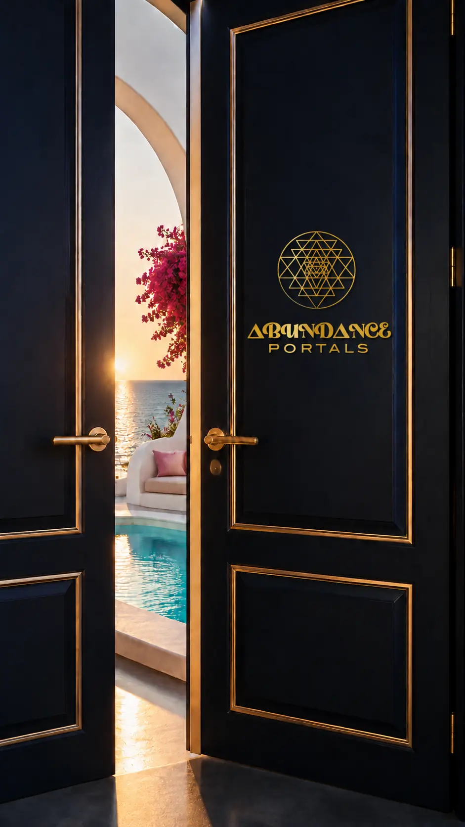 Navy-and-gold Abundance Portals doors opening toward a luminous coastal horizon