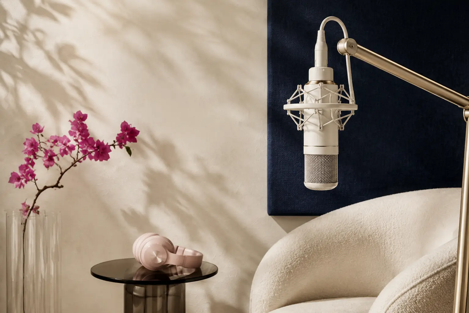 A pearl-white studio microphone in an ivory-and-navy editorial recording space with pale pink headphones and fuchsia flowers