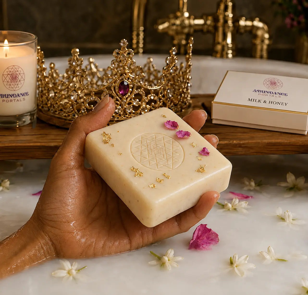 A warm brown hand presenting embossed Sri Yantra Milk and Honey soap in a floral milk bath beside an Abundance Portals candle and luxury packaging
