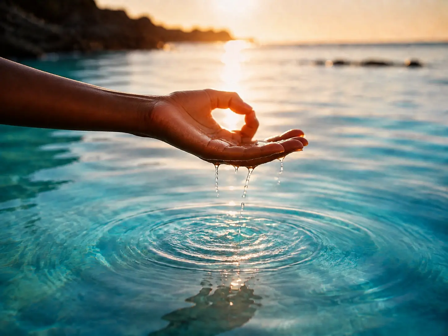 A hand releasing water droplets into turquoise water as sunlight illuminates the expanding ripples