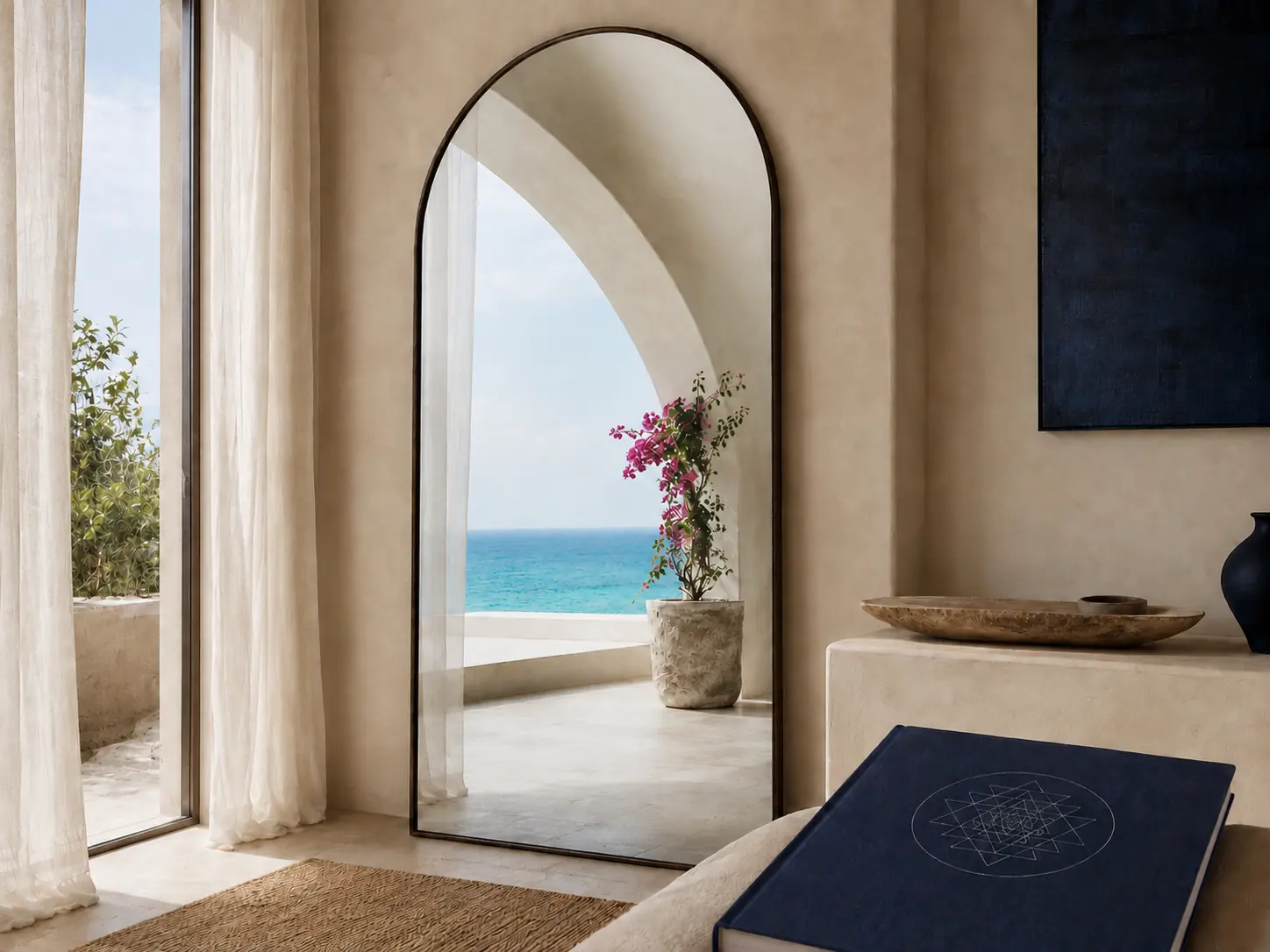 An arched mirror reflecting a turquoise horizon beside a navy Sri Yantra journal, representing reflection and transformation